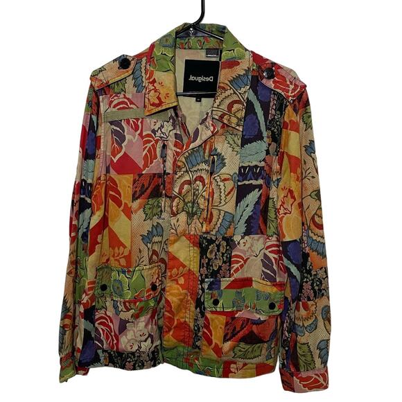 Desigual Jacket Tropical Print Patchwork Button Up Multicolor Shacket Medium - Picture 2 of 11